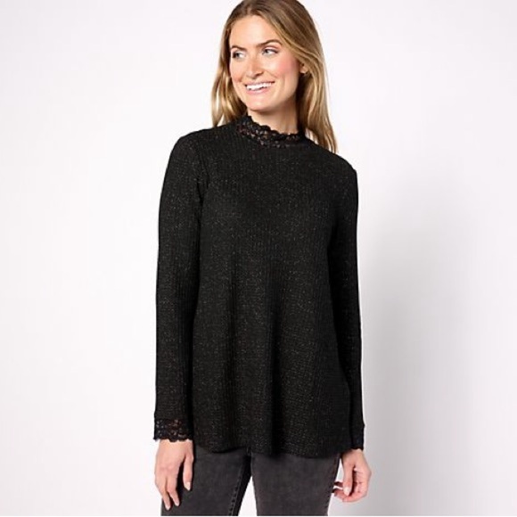 LOGO by Lori Goldstein Tops - LOGO by Lori Goldstein Metallic Waffle Knit Mock Neck Top Black NWT